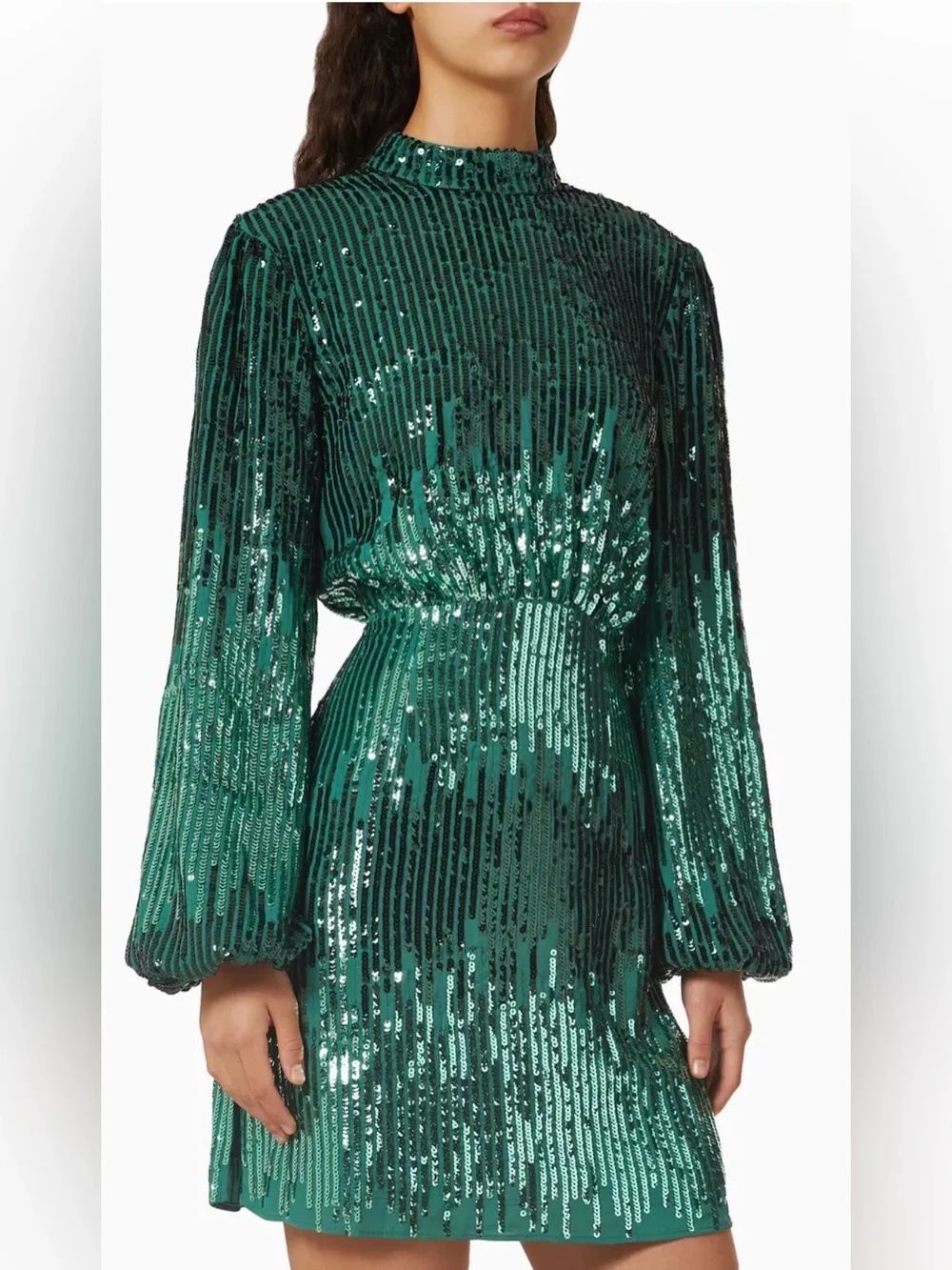 Rizzo Samantha Mini Dress Womens XXS Emerald Sequins Sheath  Sequin Long Sleeve